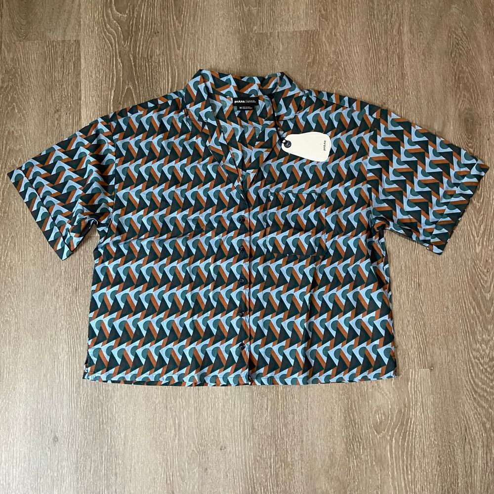 Prana Iguala Top Women's M High Tide Retro Geo Relaxed Fit Button Up Cropped